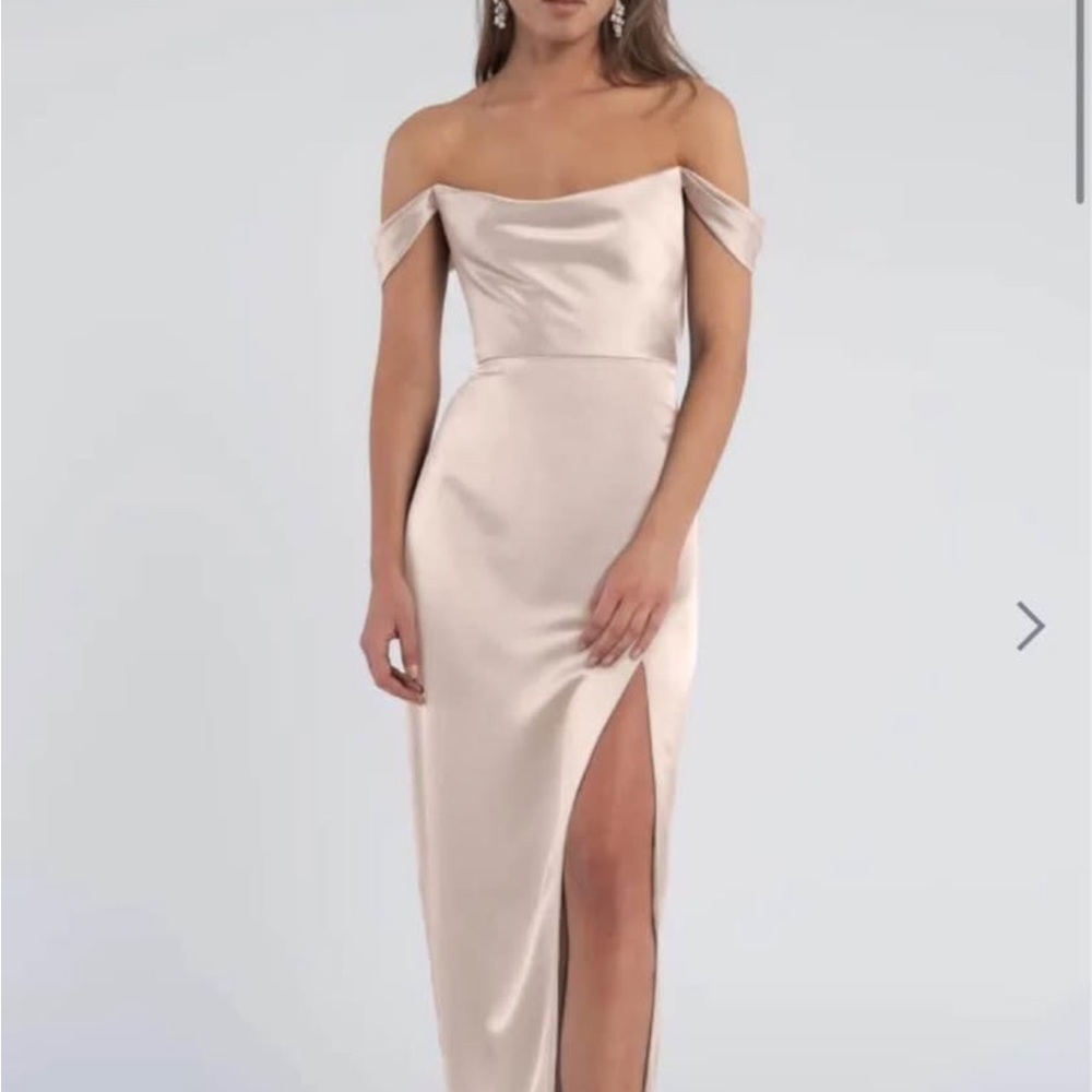 Jenny Yoo Off-Shoulder Satin Maxi Dress in Blush